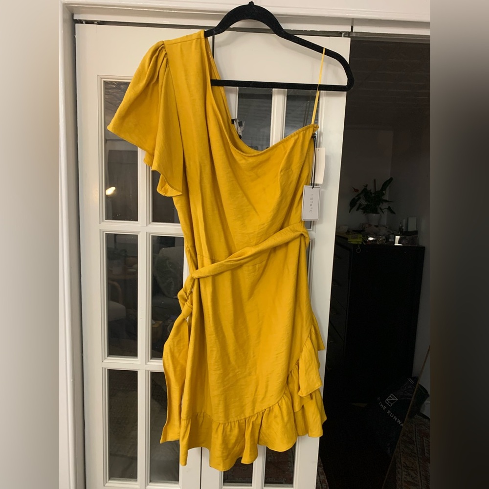 1. State Mustard Size L One Shoulder Ruffle Dress